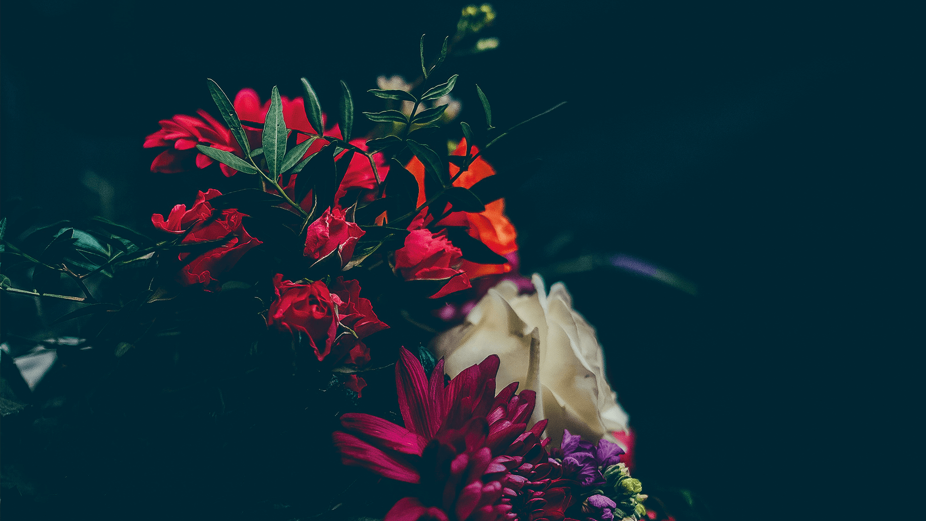Dunkles Foto eines bunten Blumenstraußes im Stil holländischer Meister